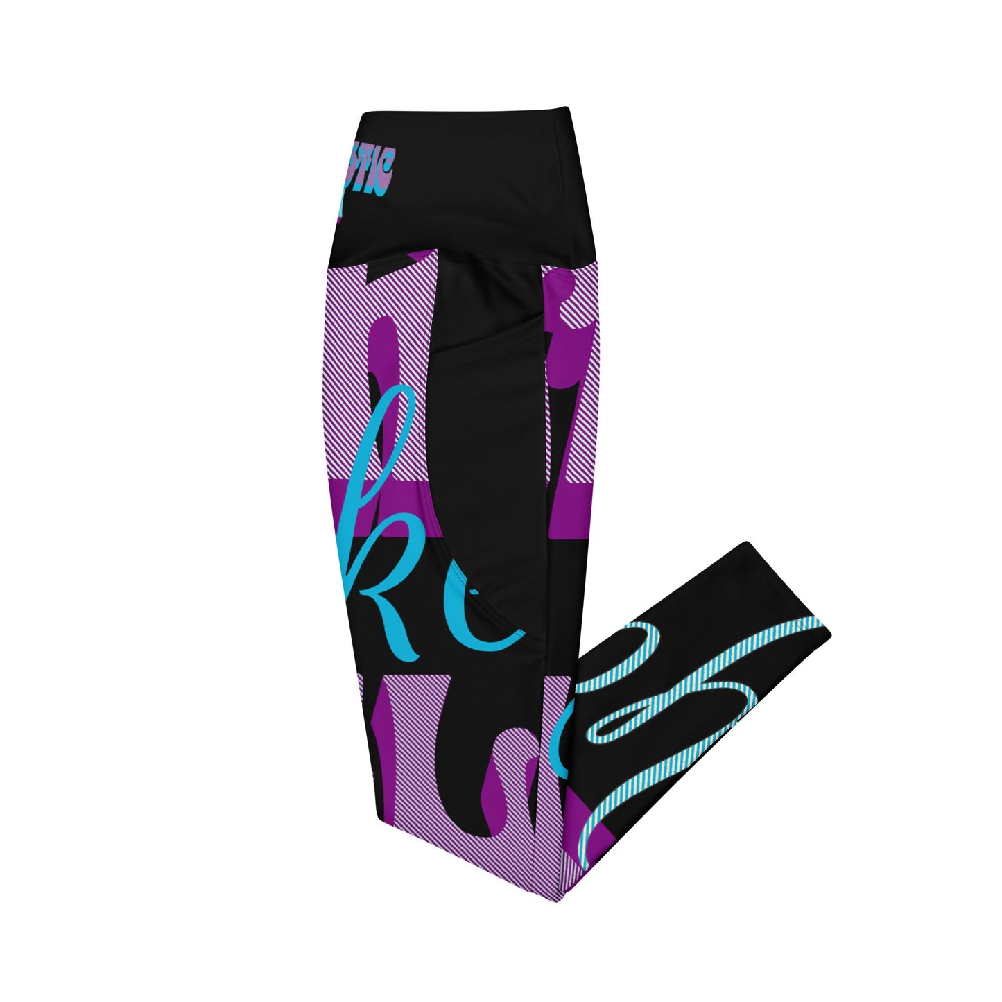 SoOptimisticAura Leggings with high waist, side pockets, and vibrant purple and blue pattern