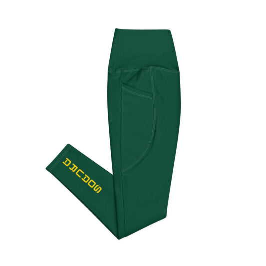 Dark green SOAura Leggings with high waist and side pockets, featuring mild compression and soft stretch fabric.