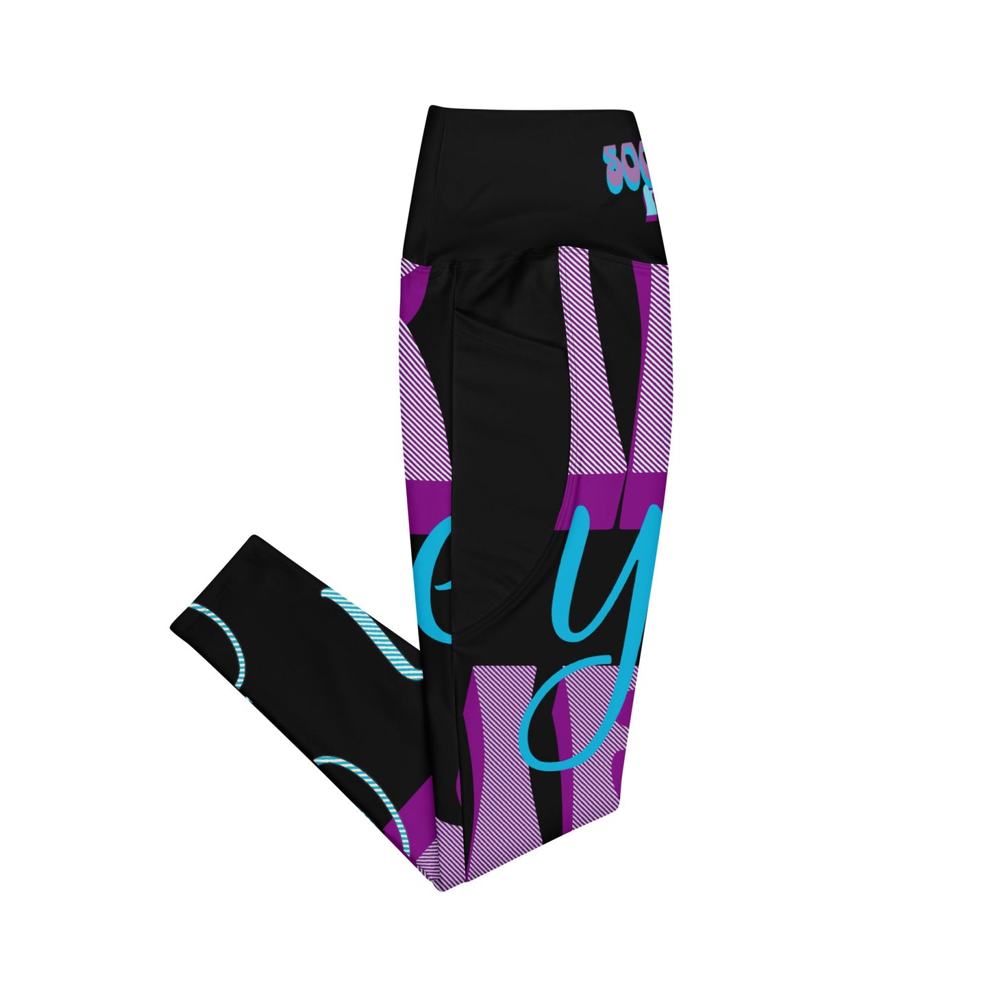 SoOptimisticAura Leggings high-waisted black leggings with purple and blue design and side pockets