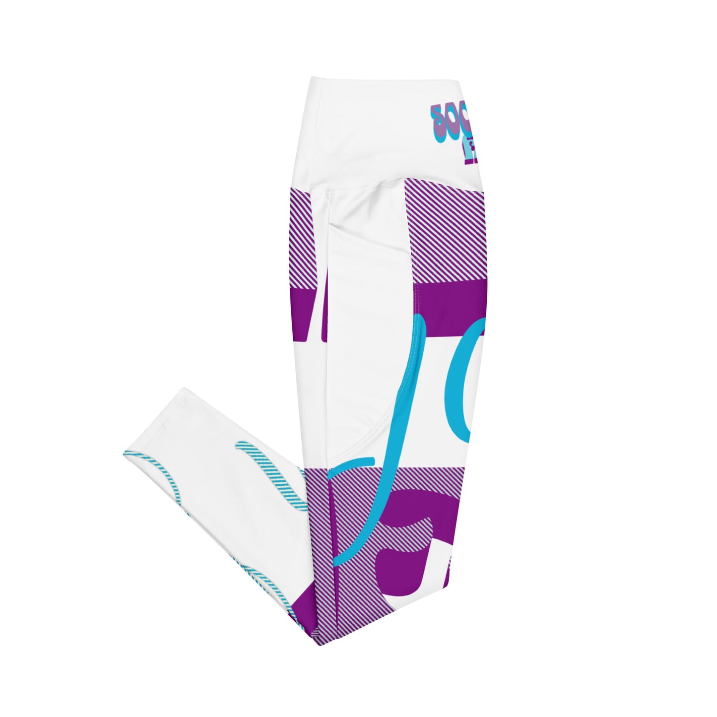 High-waisted leggings with pockets in white, purple, and blue design, made of soft, stretchy fabric with mild compression and UPF 50+ protection