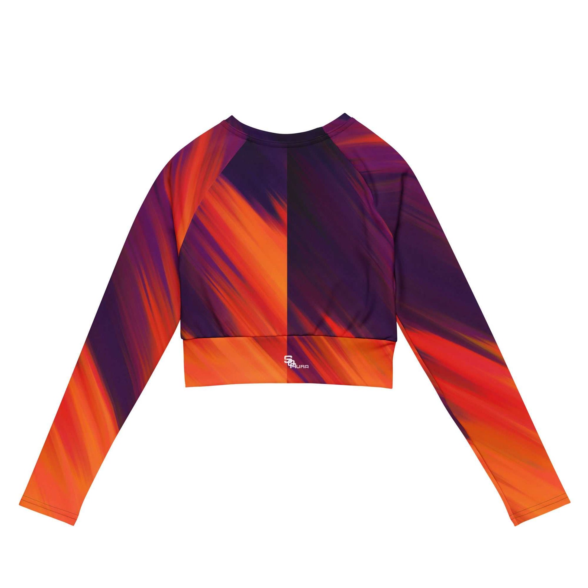 SOAura long-sleeve crop top in orange and purple with raglan sleeves and wide double-layered waistline band made from recycled polyester and elastane