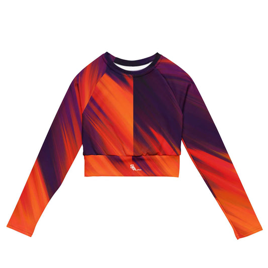 SOAura long-sleeve crop top in vibrant orange and purple, made from recycled polyester and elastane for eco-friendly comfort.