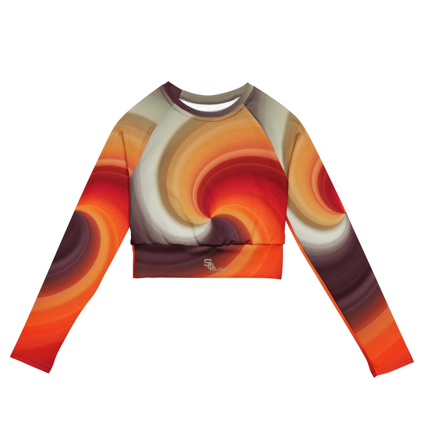 SOAura long-sleeve crop top in vibrant orange swirl design, made of recycled polyester and elastane with wide waistline band and raglan sleeves.