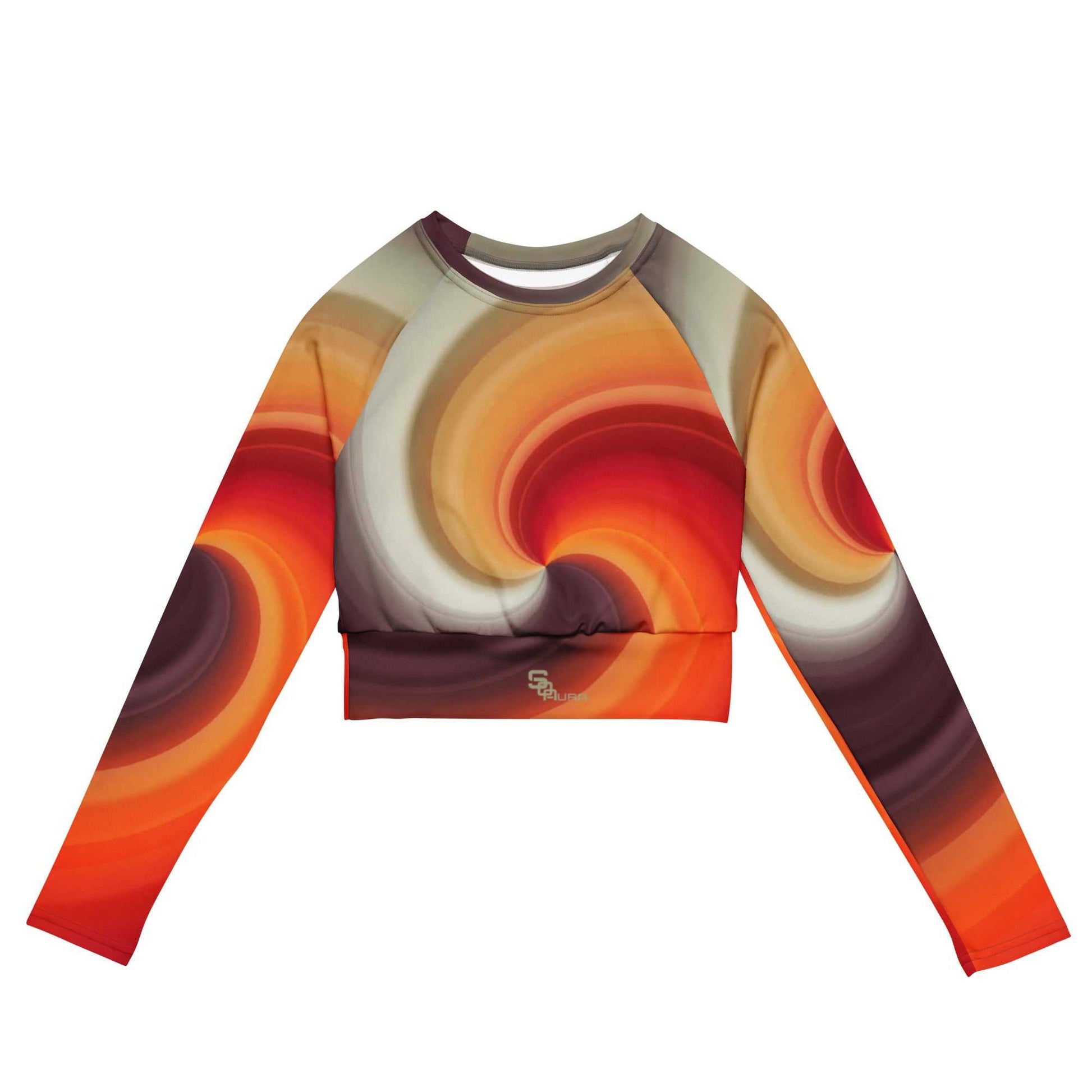 SOAura long-sleeve crop top in vibrant orange swirl design, made of recycled polyester and elastane with wide waistline band and raglan sleeves.