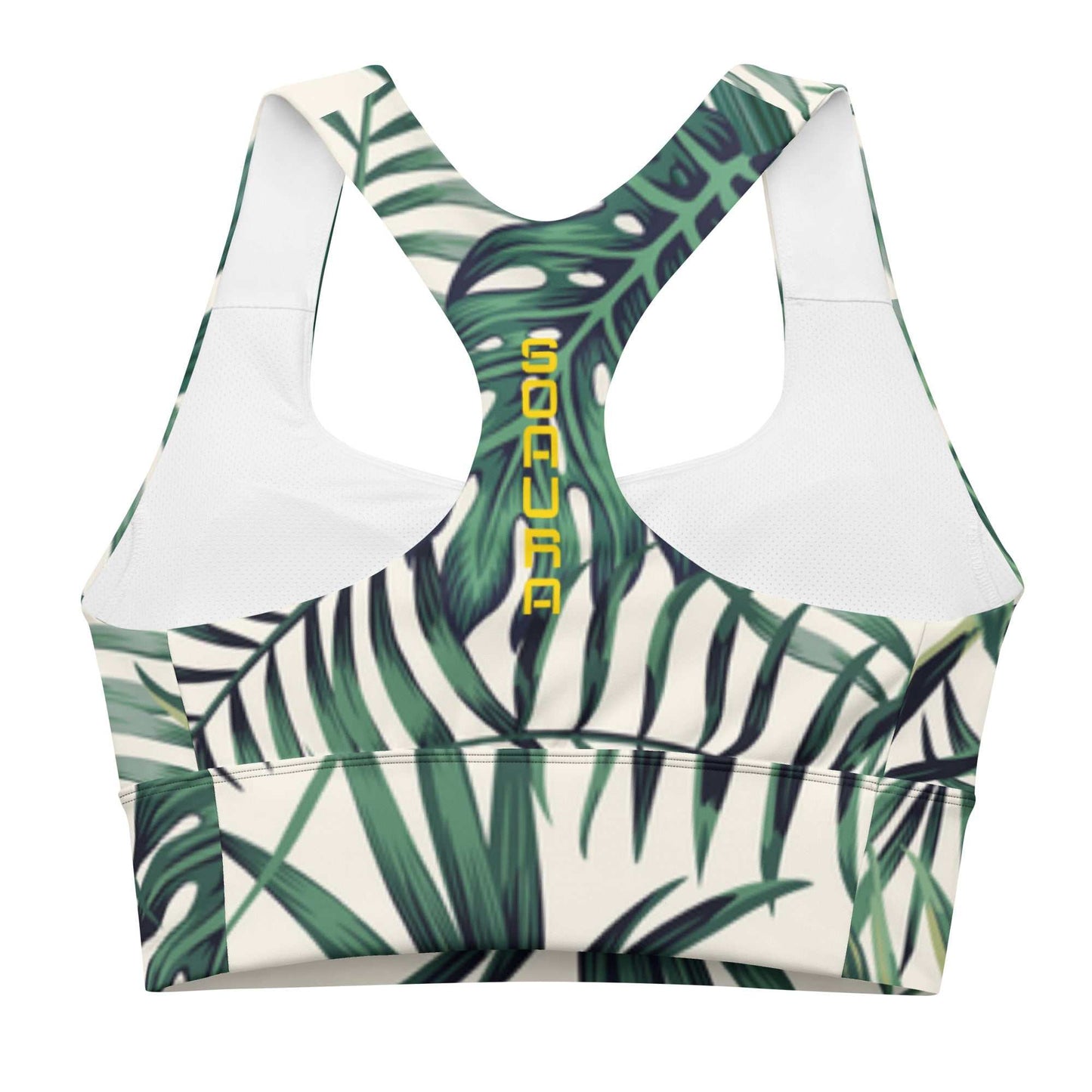 SOAura Longline sports bra with tropical leaf print, double-layered front, racerback design, and removable padding.