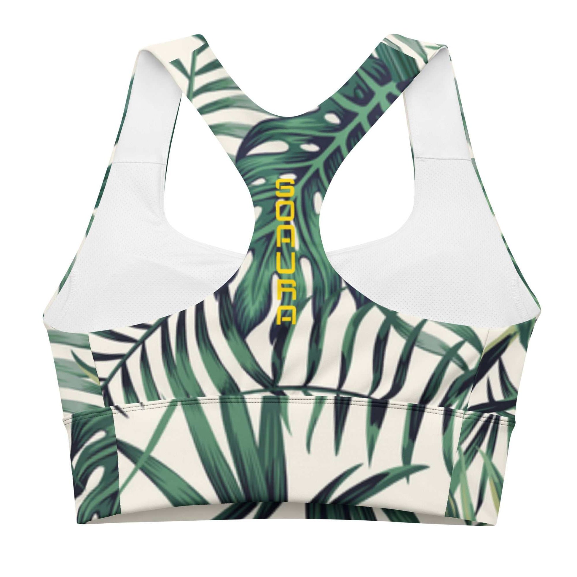 SOAura Longline sports bra with tropical leaf print, double-layered front, racerback design, and removable padding.