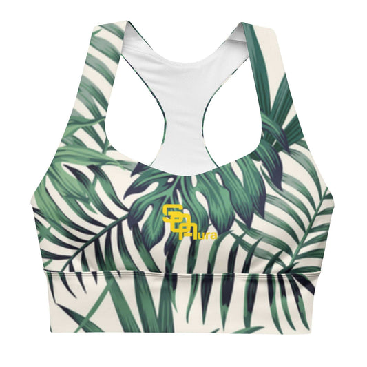 SOAura's longline sports bra with green tropical leaf print, racerback design, and yellow logo on front.
