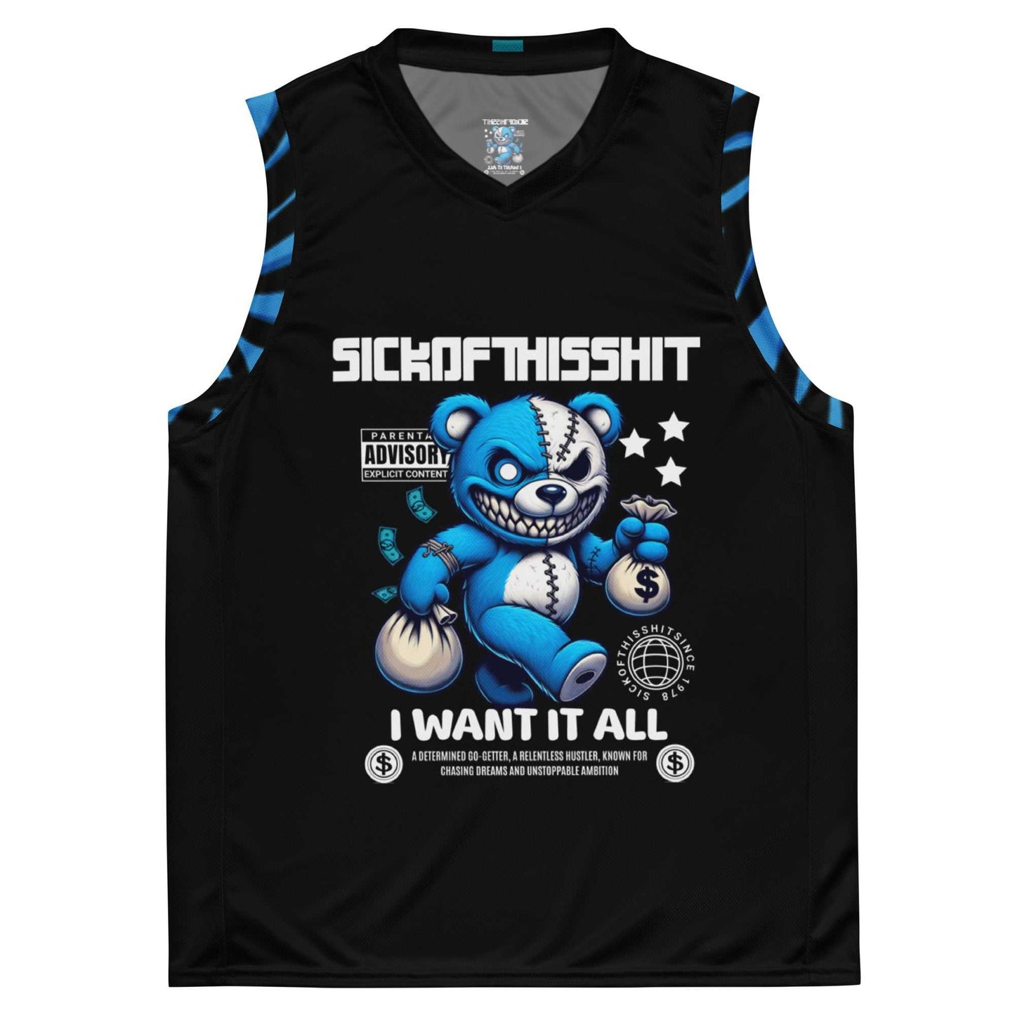 Black SickOfThisShit unisex basketball jersey with bold graphic teddy bear and "I Want It All" text
