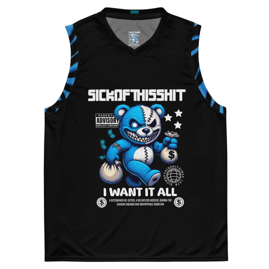 Black SickOfThisShit unisex basketball jersey with bold graphic teddy bear and "I Want It All" text