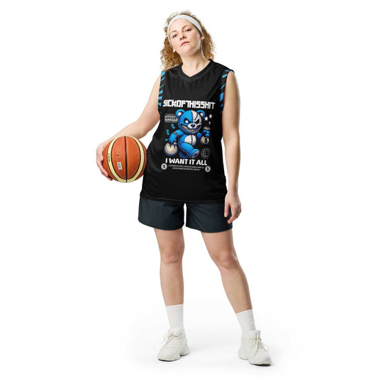 Unisex basketball player wearing SickOfThisShit "I Want It All" recycled polyester black jersey holding basketball
