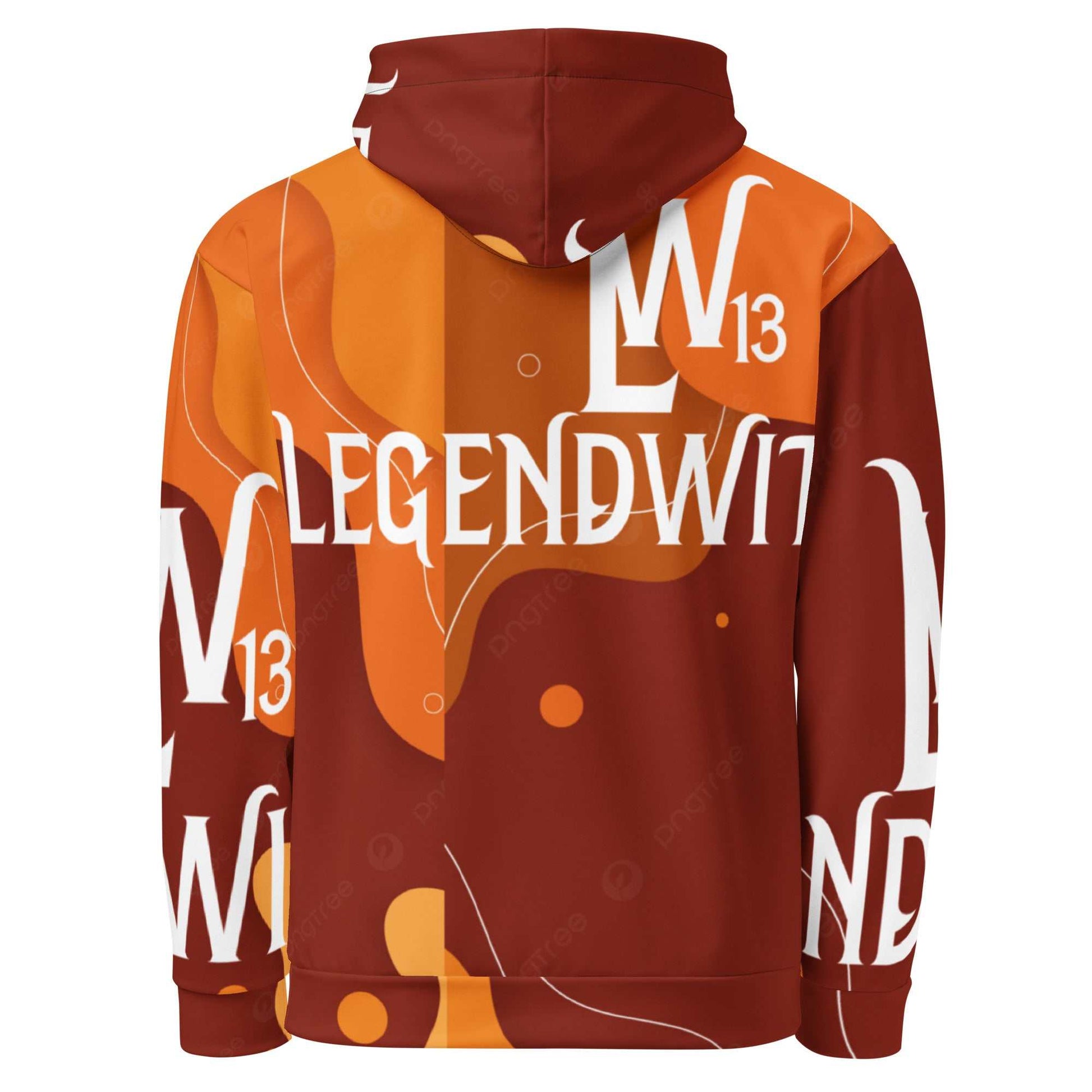 Back view of Legendwithin 13 BIG FONT Hoodie featuring vibrant orange and brown design with large white lettering and double-lined hood.