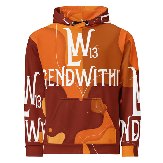 Orange and brown Legendwithin 13 BIG FONT unisex hoodie with vibrant print, soft brushed fleece inside, double-lined hood, and drawstrings