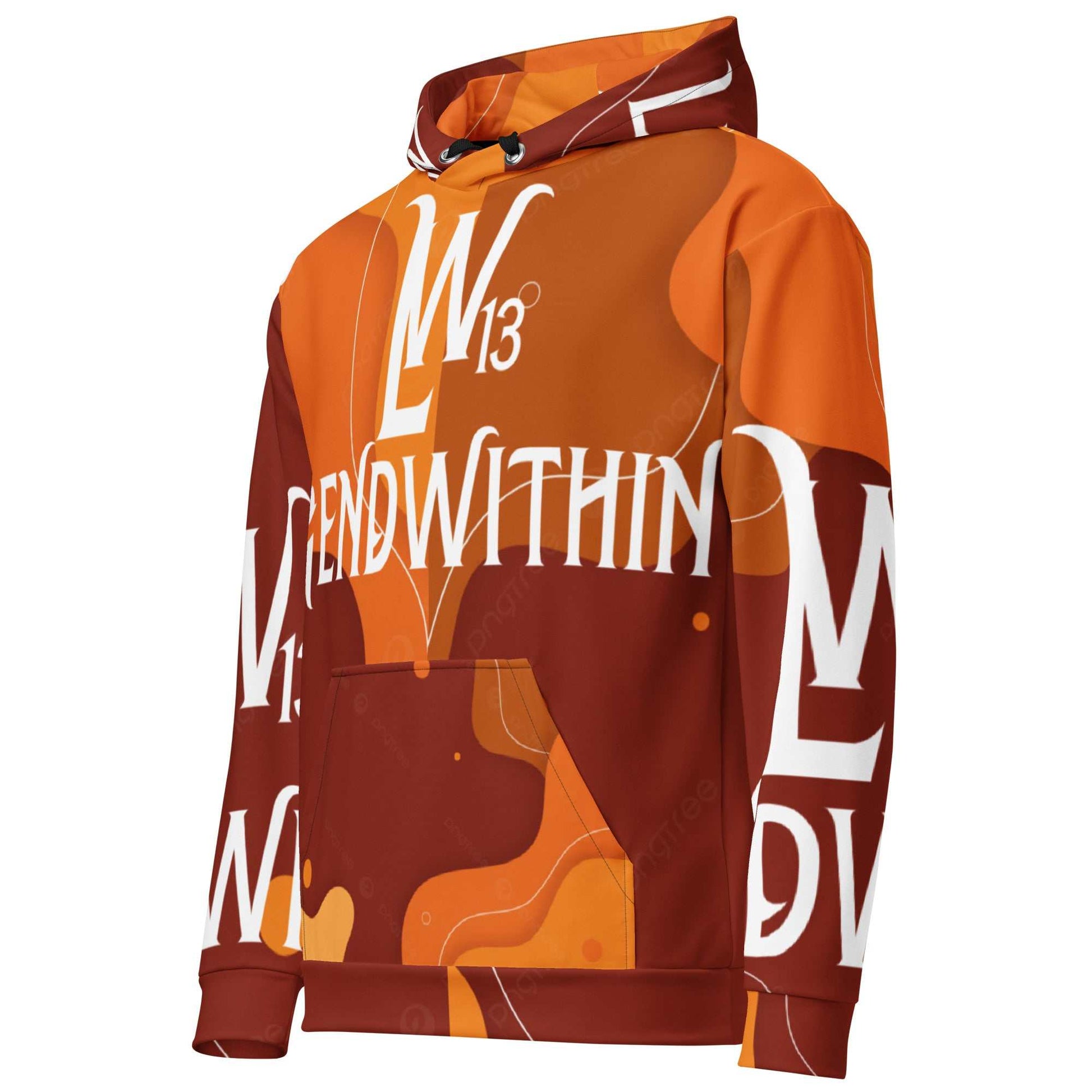Unisex Legendwithin 13 BIG FONT Hoodie with soft brushed fleece, vibrant orange and brown design, double-lined hood, and drawstrings.