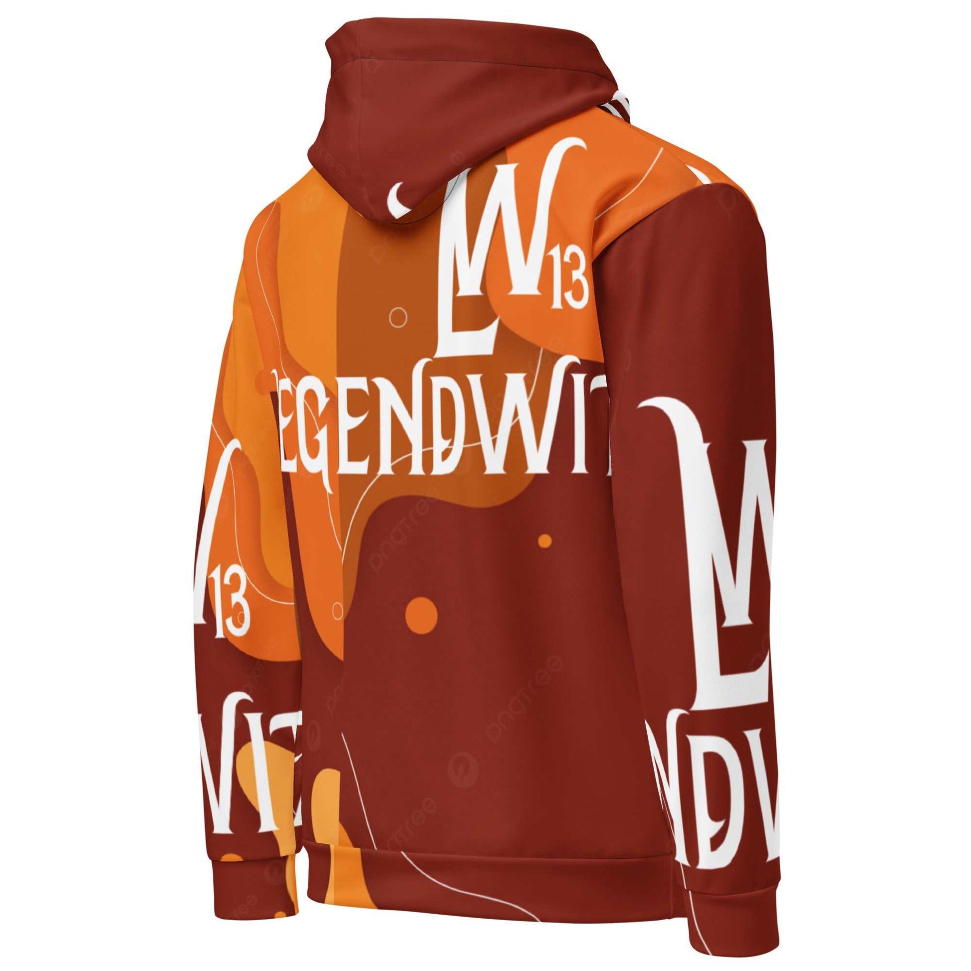 Unisex Legendwithin 13 BIG FONT Hoodie with vibrant orange and brown design, soft brushed fleece interior, double-lined hood, and drawstrings.