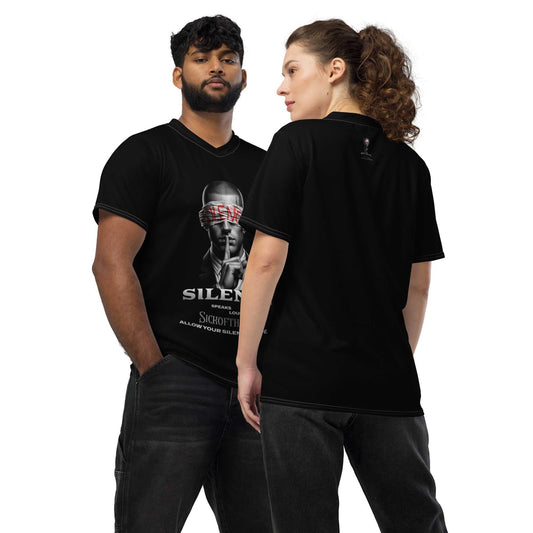 Unisex black SickofthisShit Silence sports jersey with graphic and moisture-wicking fabric modeled by man and woman