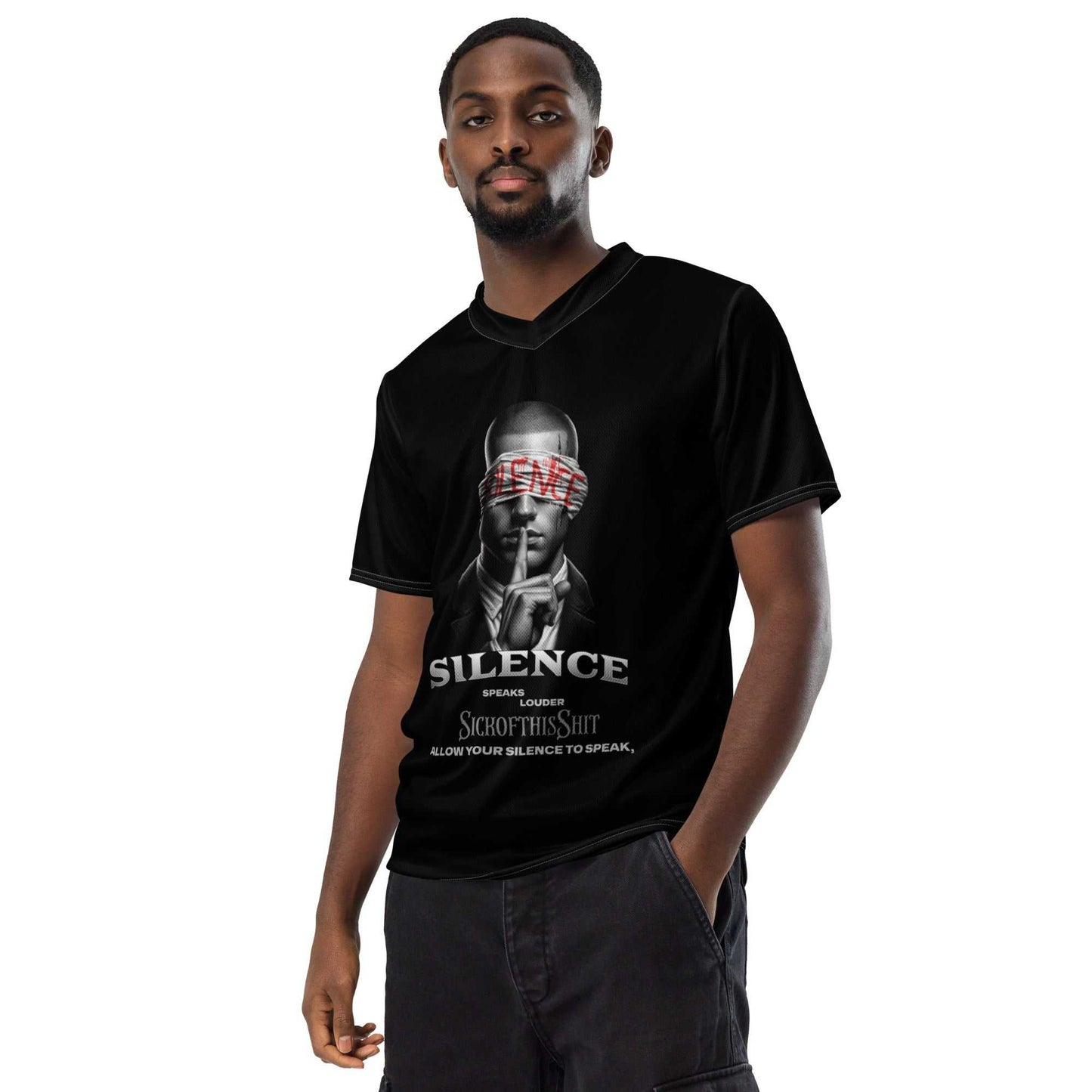 Man wearing black SickofthisShit Silence unisex sports jersey with graphic and message on front