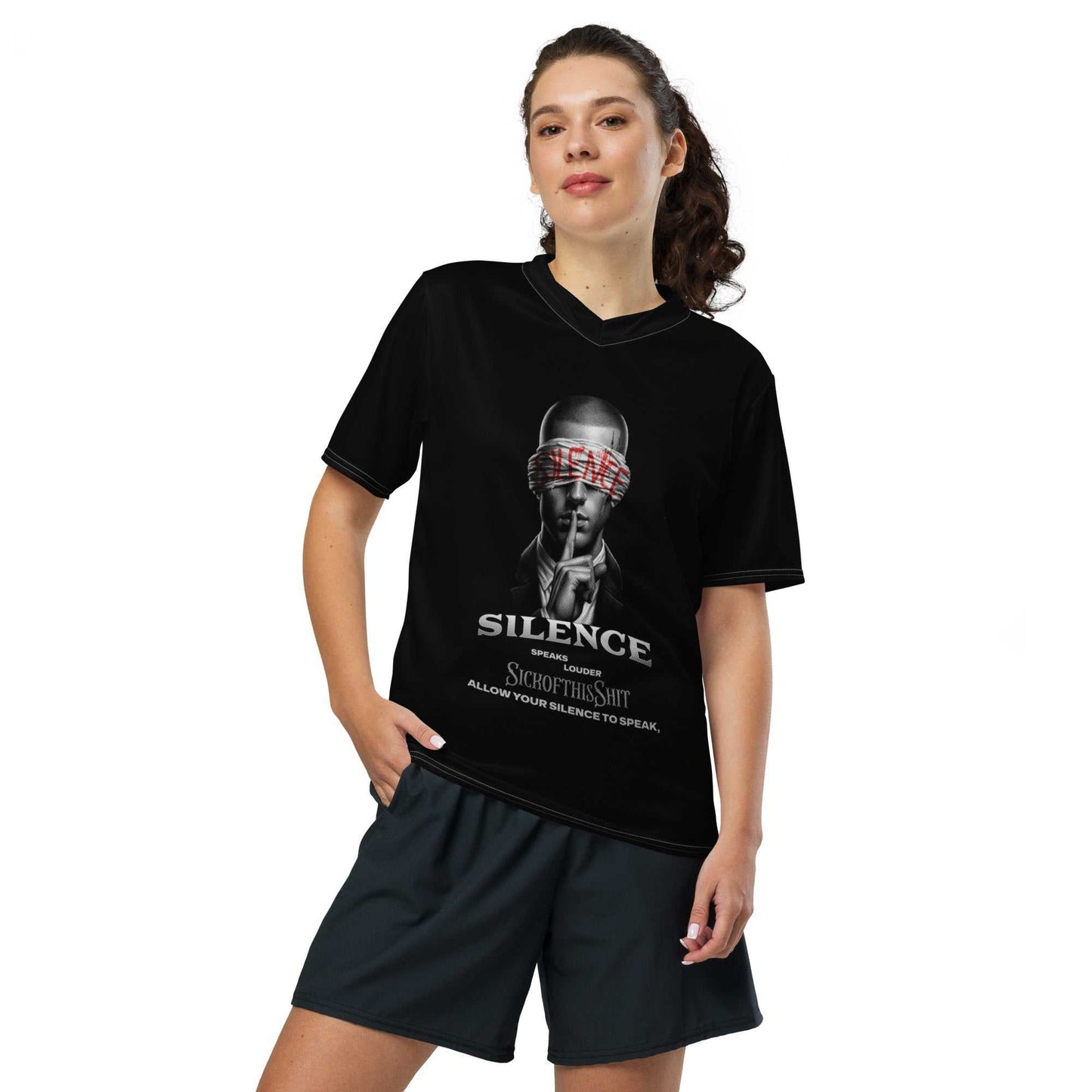 Unisex black SickofthisShit Silence sports jersey with graphic design and breathable fabric