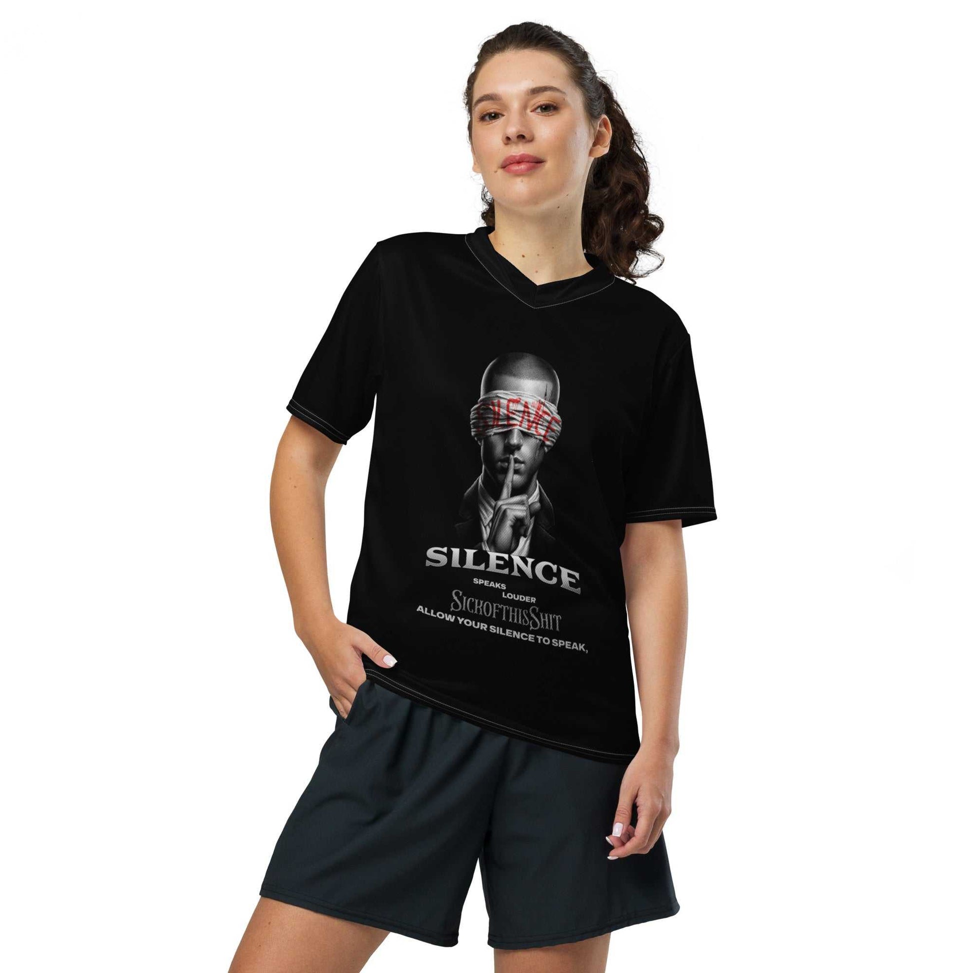 Unisex black SickofthisShit Silence sports jersey with graphic design and breathable fabric