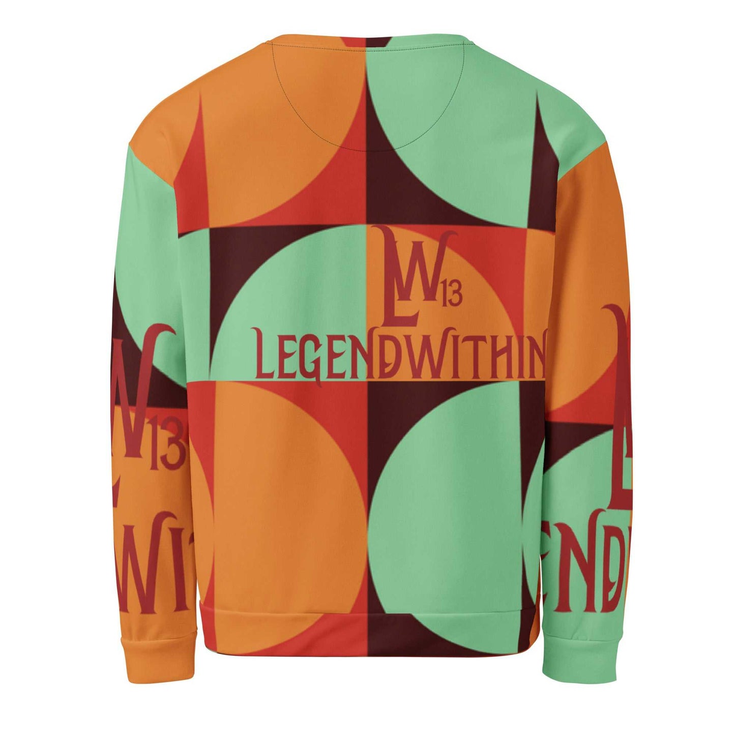 Unisex sweatshirt with colorful geometric pattern and "Legend Within" text, made from soft brushed fleece and cotton-feel fabric.