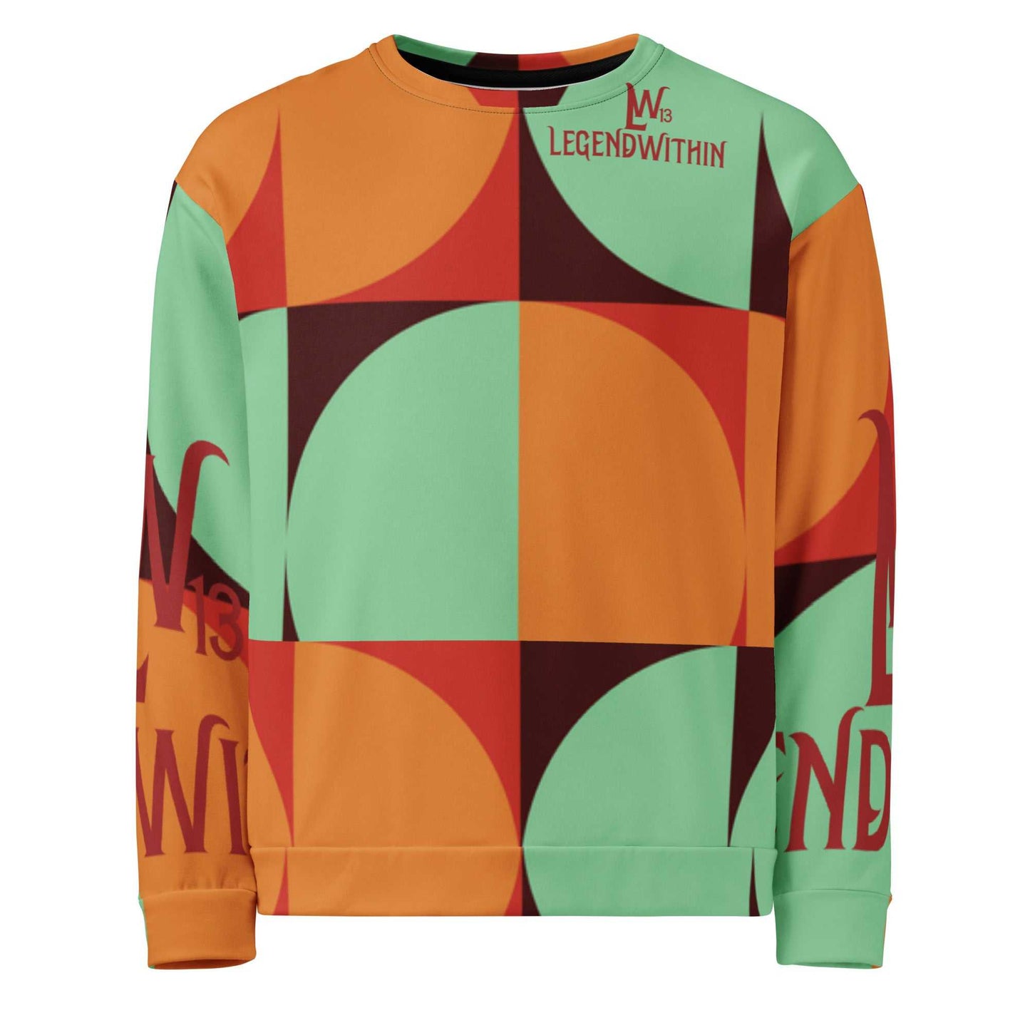 Unisex sweatshirt with colorful geometric pattern, soft brushed fleece interior, and durable cotton-feel fabric.