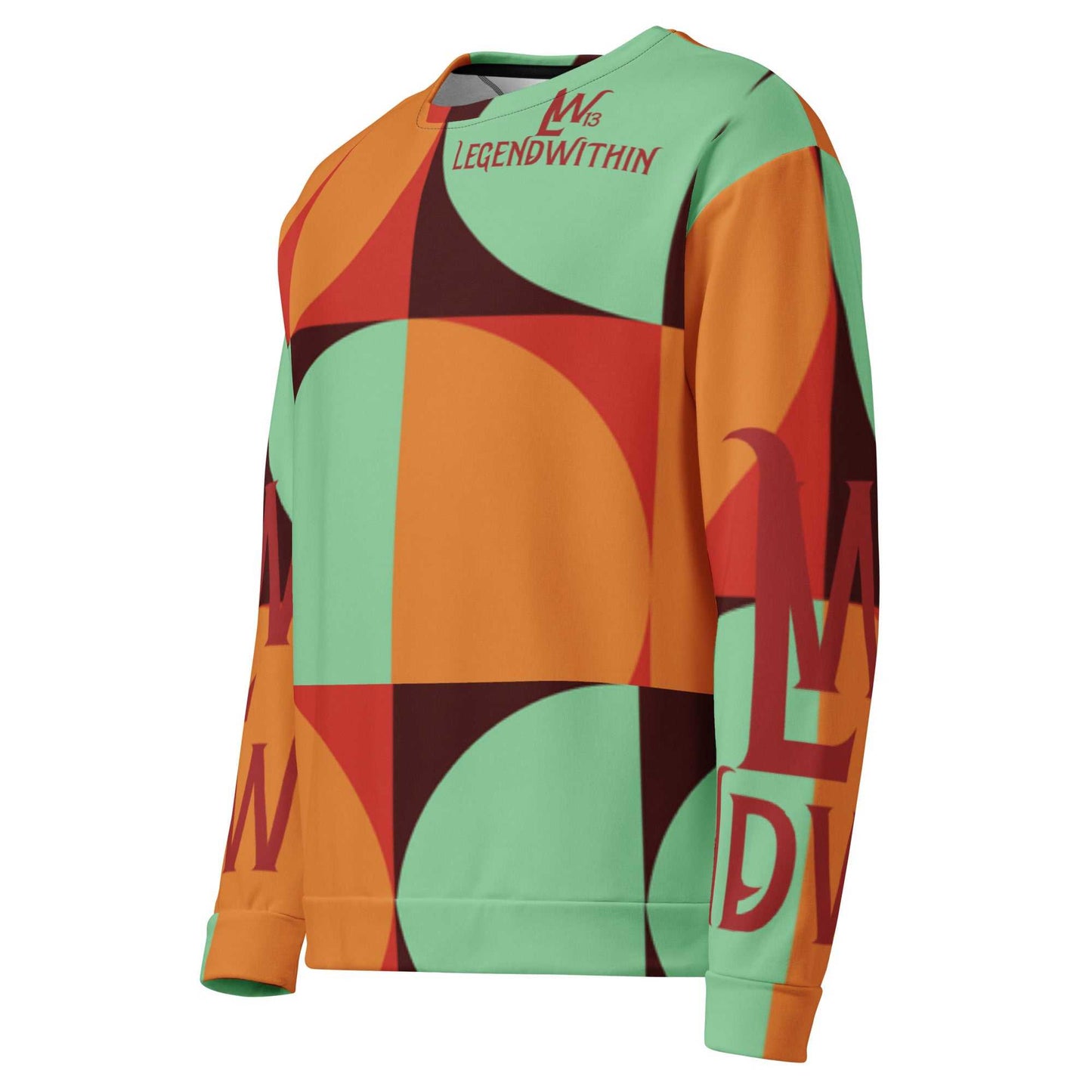 Unisex sweatshirt with geometric orange, green, and brown pattern, soft cotton-feel face and brushed fleece inside for warmth and comfort