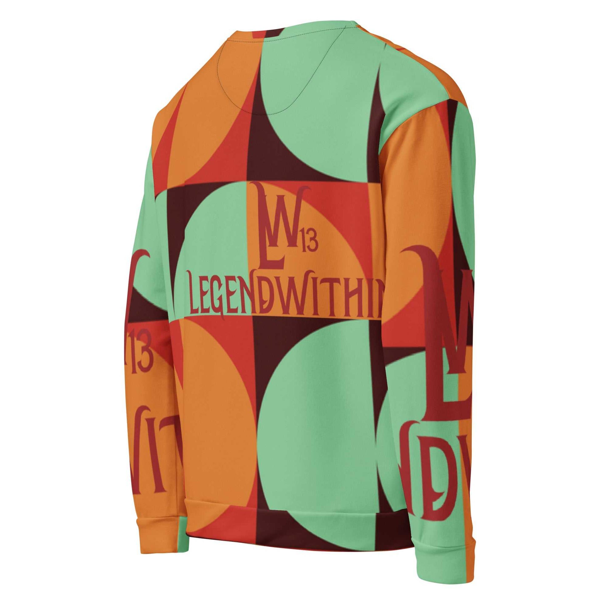 Unisex sweatshirt with bold geometric patterns in orange, green, and brown featuring "Legend Within" text design