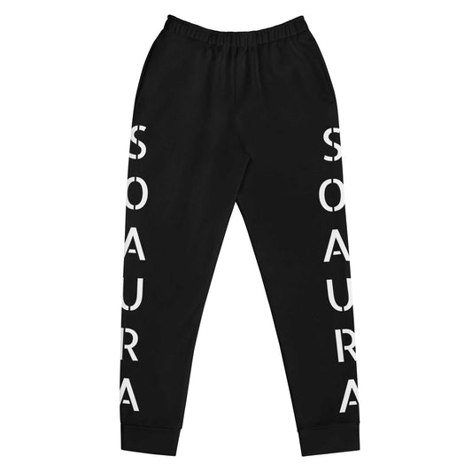 Black women's joggers with white vertical lettering, elastic waistband, cuffed legs, and practical pockets.