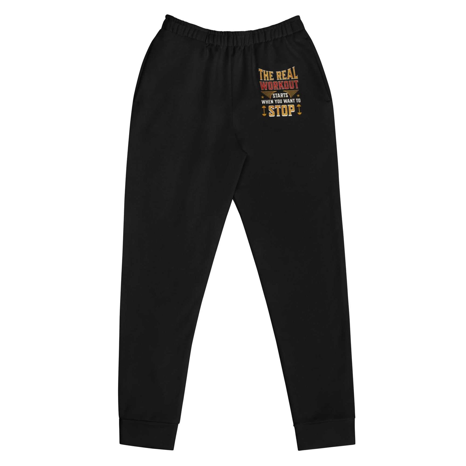 Black slim fit women's joggers with elastic waistband and motivational print on thigh