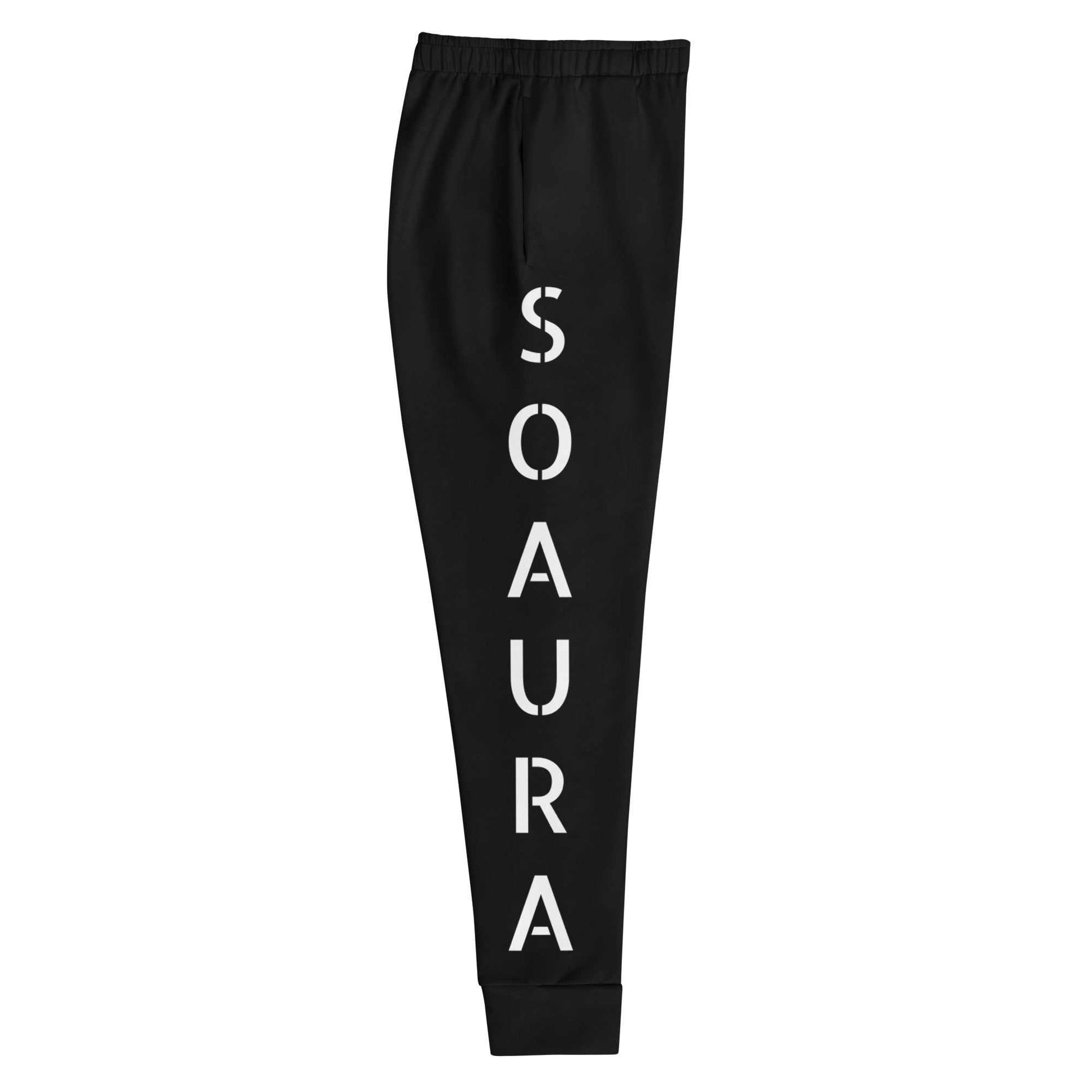 Black SOAura women's joggers with vertical white logo, slim fit, elastic waistband, and cuffed legs.