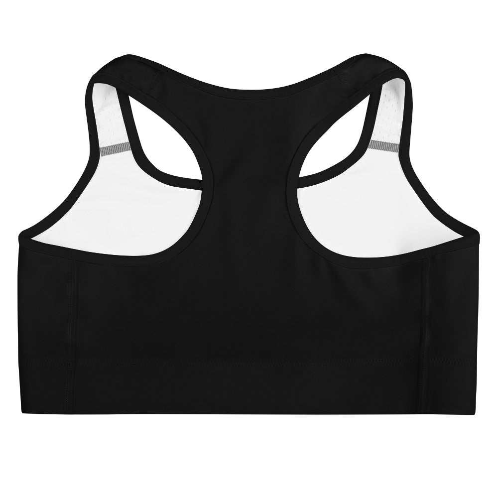 Black SOAura sports bra with racerback design and wide elastic band for support