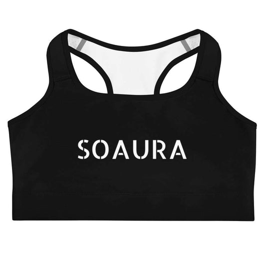 Black SOAura sports bra with racerback, scoop neckline, and moisture-wicking fabric for low to medium intensity workouts.