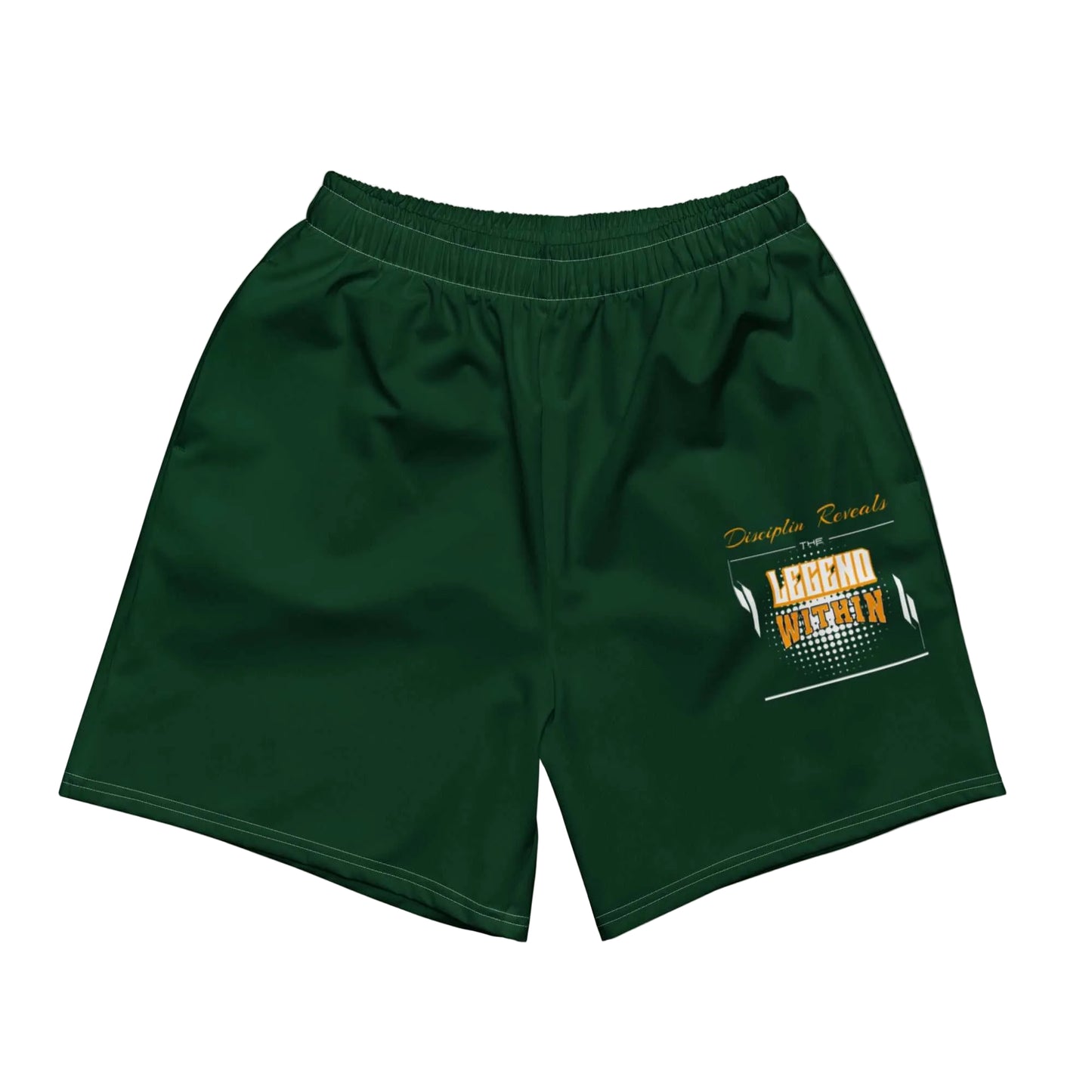 Dark green LegendWithin Athletic Long Shorts with elastic waistband and mesh side pockets on a white background with decorative bats and spider cutouts