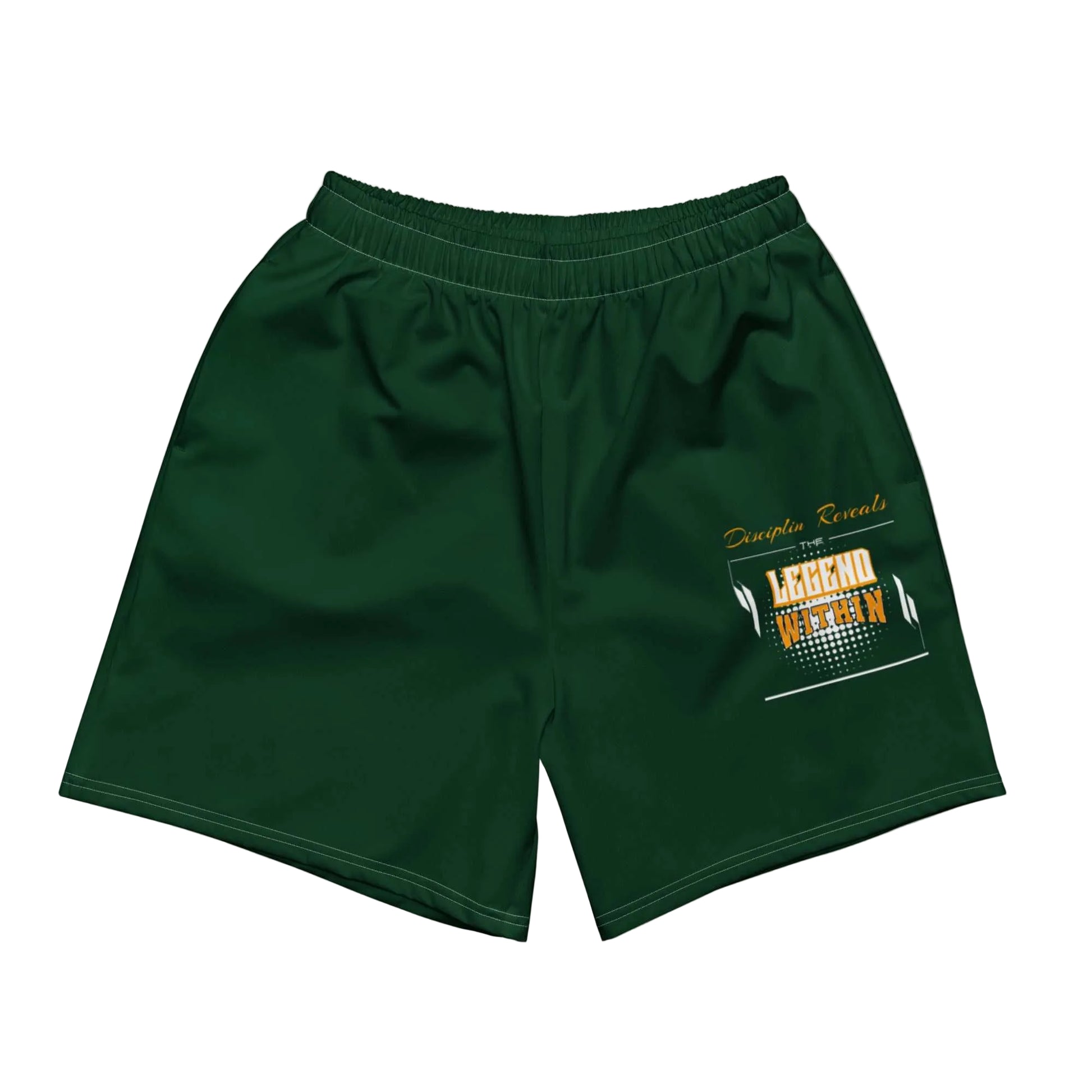 Dark green LegendWithin Athletic Long Shorts with elastic waistband and mesh side pockets on a white background with decorative bats and spider cutouts