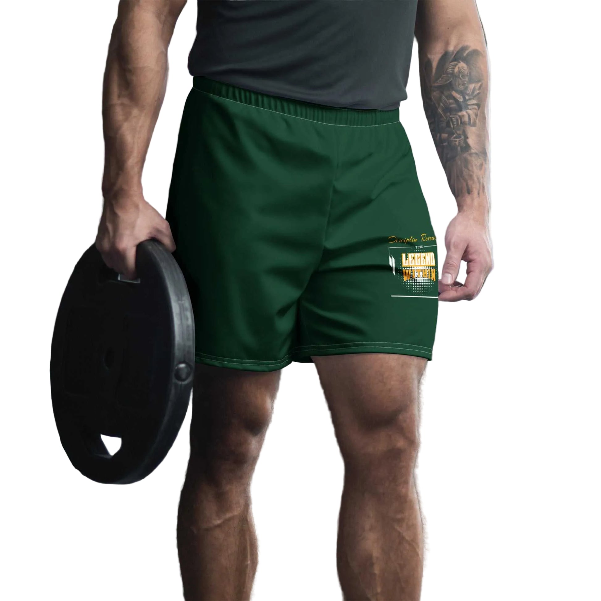 LegendWithin Athletic Long Shorts in green with elastic waistband worn for weight lifting and gym workouts