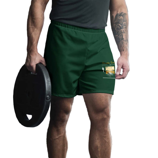 LegendWithin Athletic Long Shorts in green with elastic waistband worn for weight lifting and gym workouts