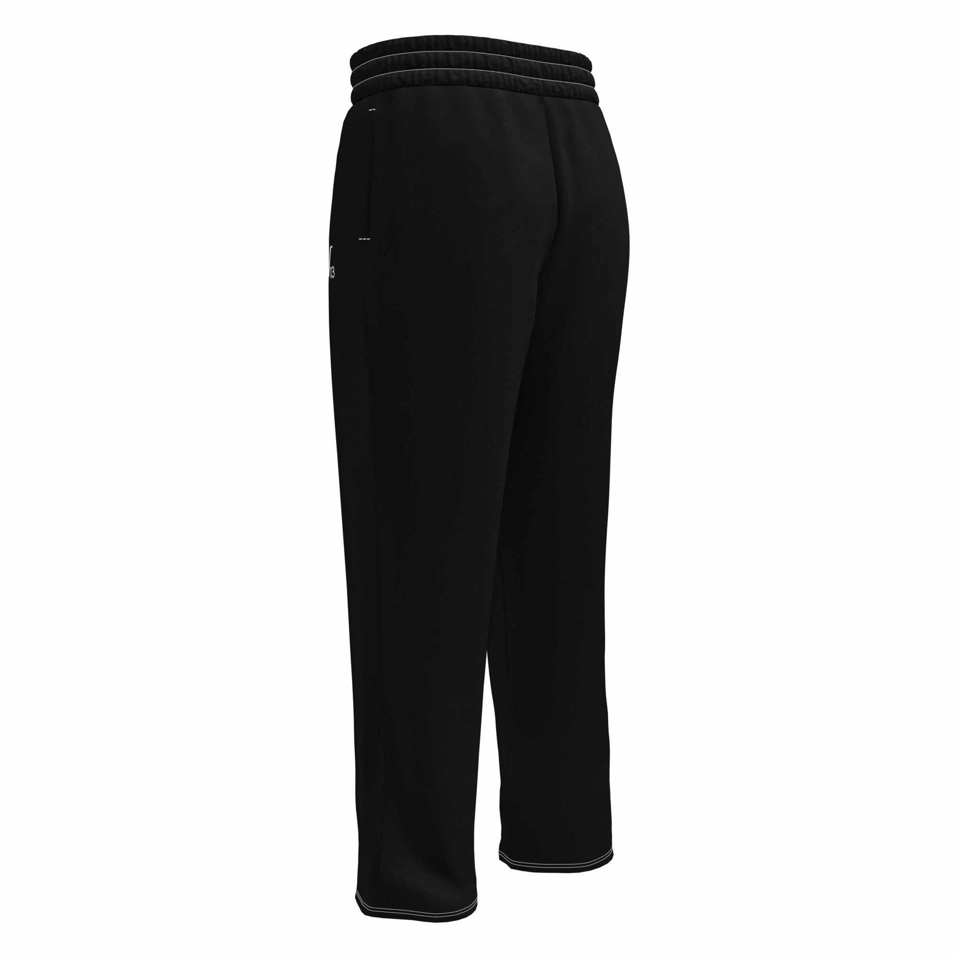 Black wide-leg joggers with elastic waistband and side pockets in a relaxed unisex fit