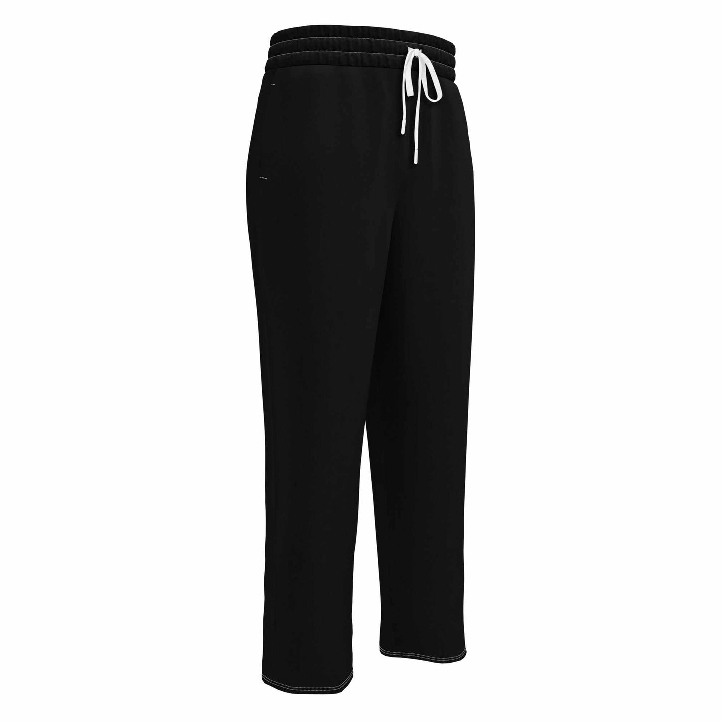 Black wide-leg joggers with elastic waistband and white drawstring, featuring a relaxed fit and side pockets.