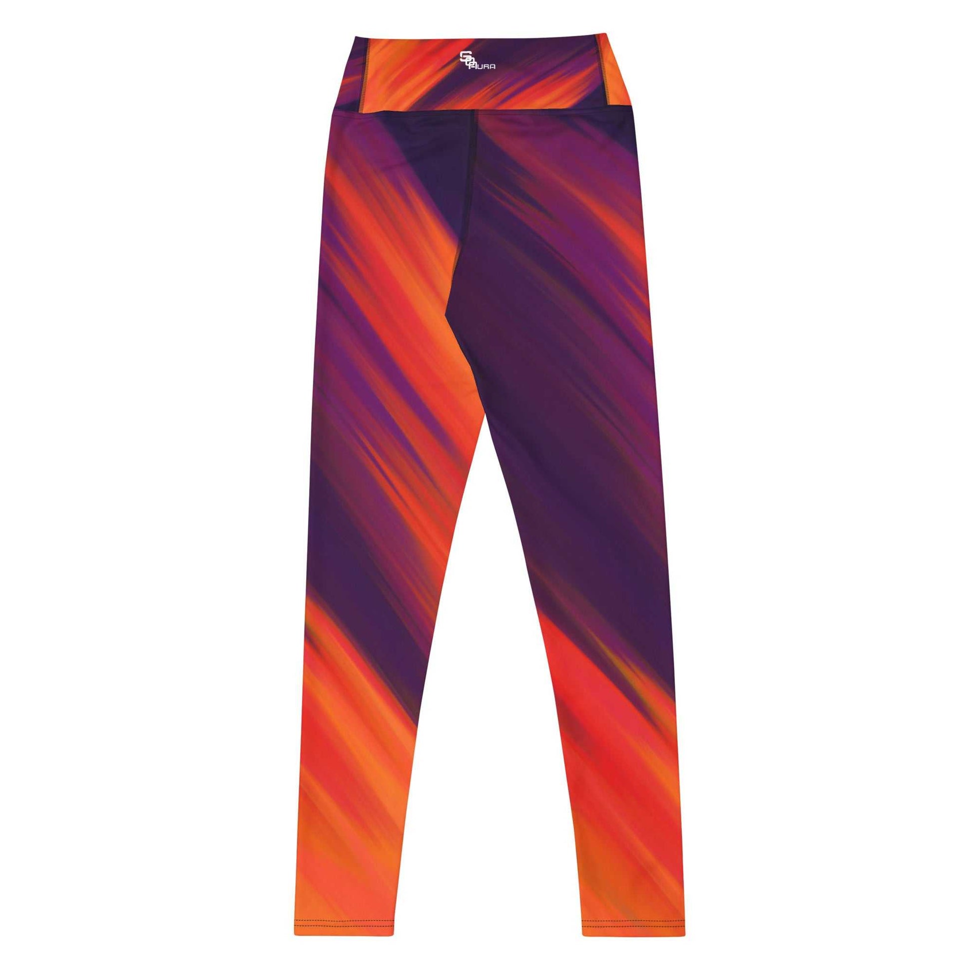 SOAura Yoga Leggings with vibrant orange and purple pattern, super soft, stretchy microfiber fabric, and raised waistband for yoga sessions