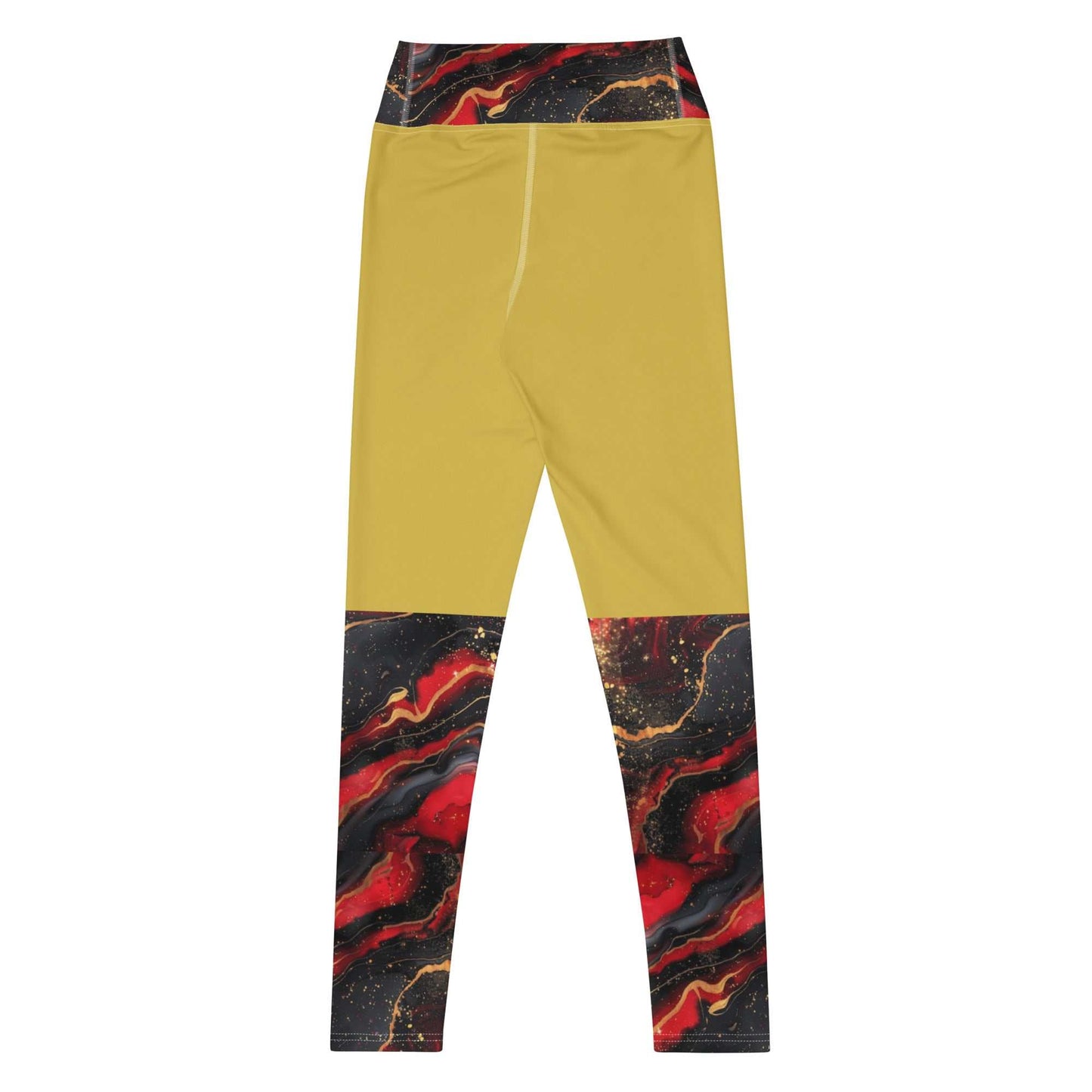 SoOptimisticAura Yoga Leggings in yellow with red and black abstract designs, stretchy and soft for yoga sessions