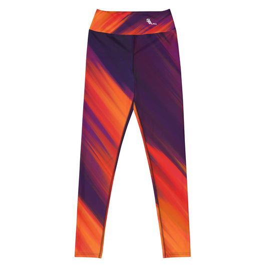 SOAura Yoga Leggings with vibrant orange and purple design, super soft stretchy fabric, and raised waistband for comfortable yoga sessions
