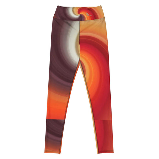 SOAura Yoga Leggings with raised waistband and four-way stretch in vibrant orange and brown swirl pattern