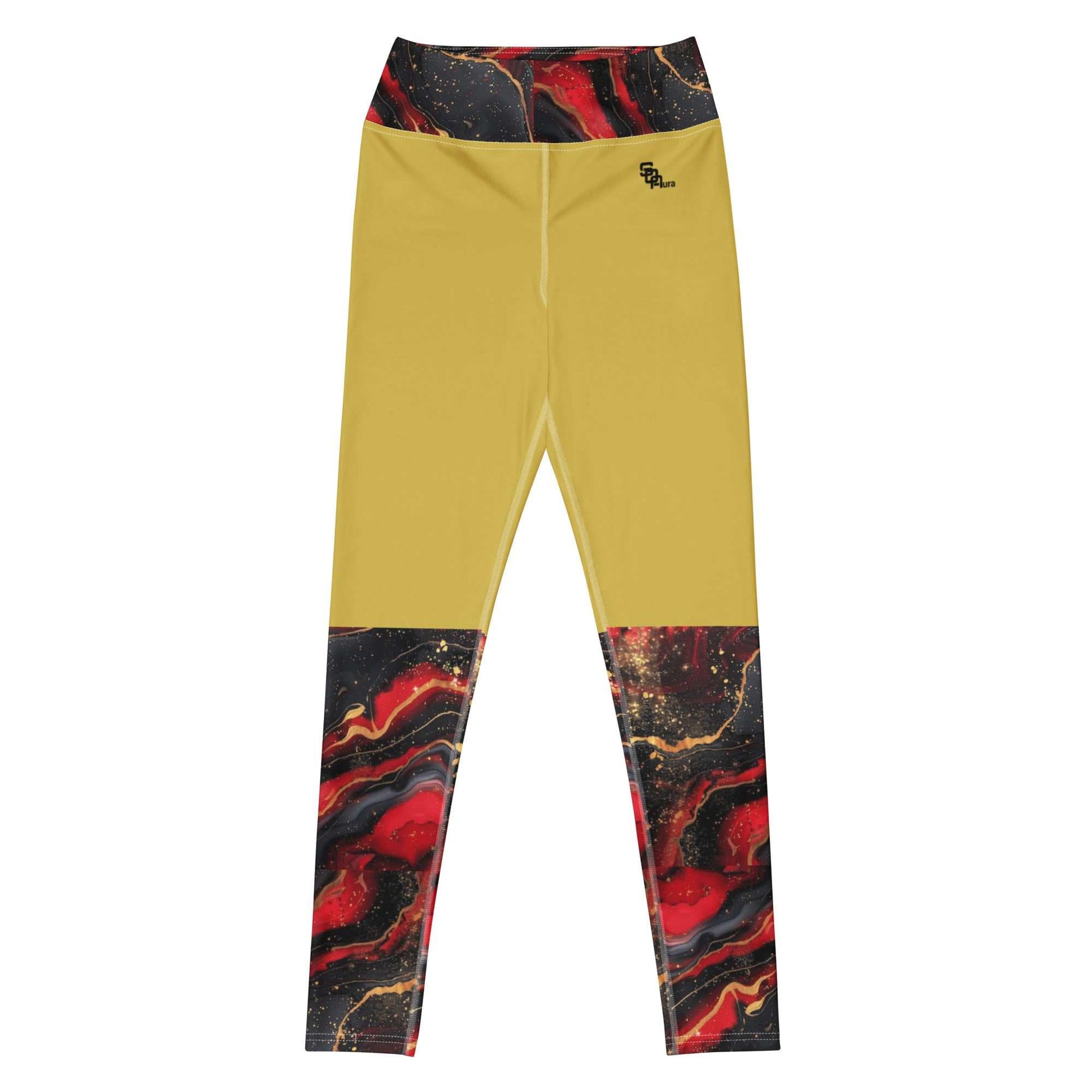 SoOptimisticAura Yoga Leggings with soft yellow body and red-black abstract patterned waistband and lower legs, made from stretchy microfiber fabric.