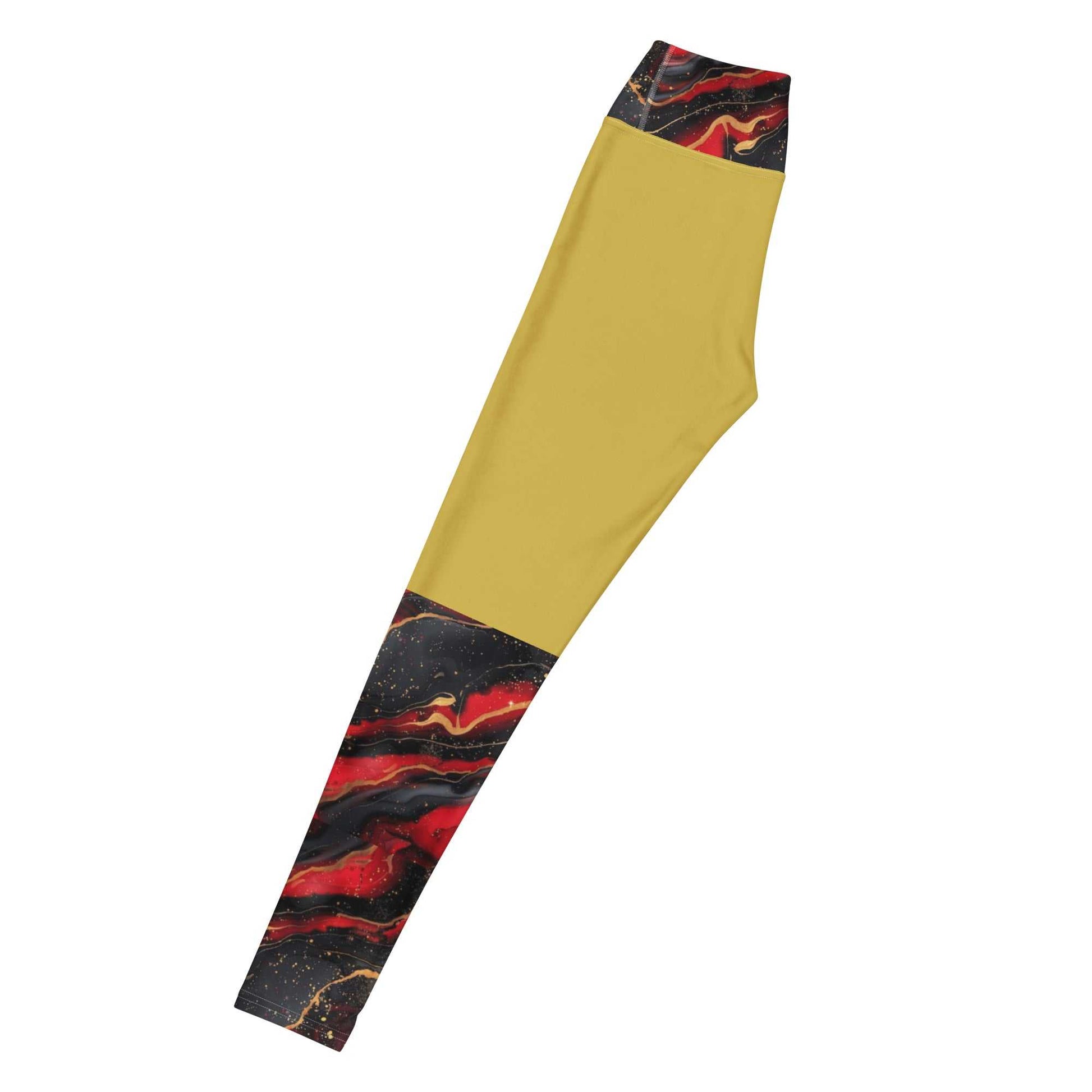 SoOptimisticAura Yoga Leggings with mustard yellow and black-red swirl design, soft stretchy fabric, and raised waistband