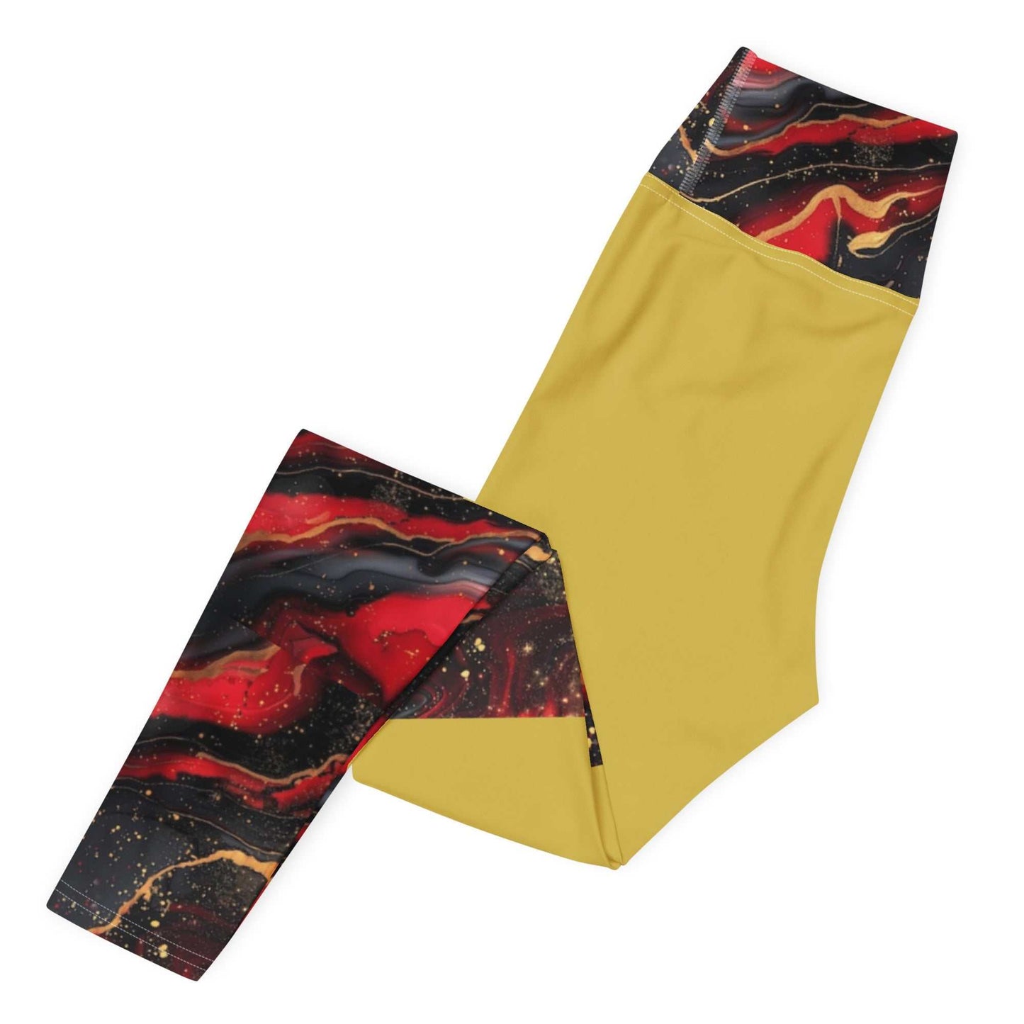 SoOptimisticAura Yoga Leggings with yellow body and black-red marble patterned waistband and lower leg, stretchy and comfortable design
