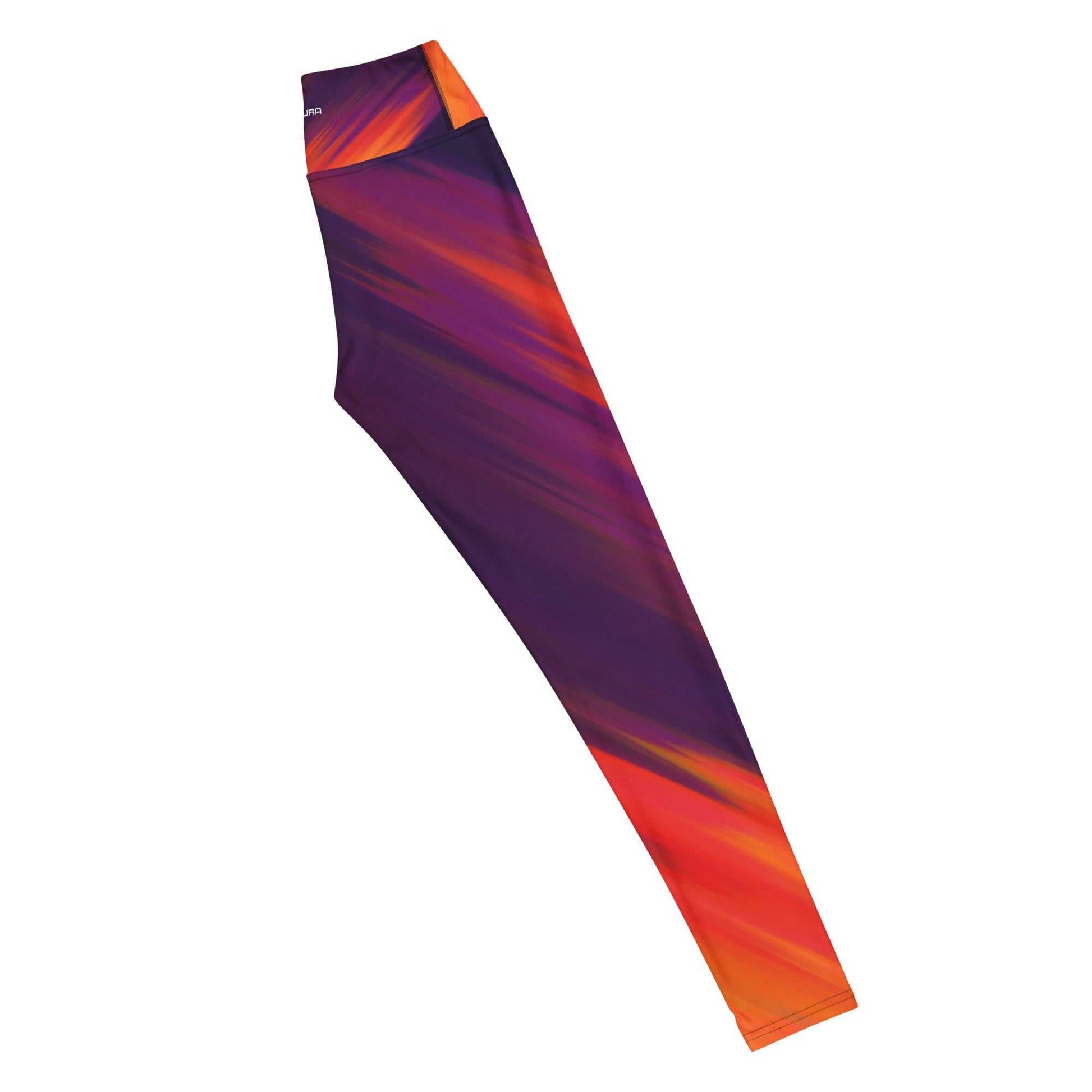 SOAura Yoga Leggings in purple and orange with four-way stretch and raised waistband, made of polyester and spandex microfiber yarn