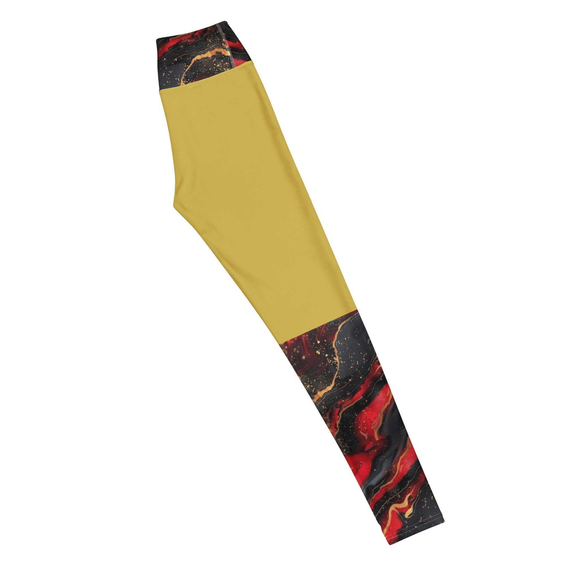 SoOptimisticAura Yoga Leggings with mustard yellow base and red-black abstract patterned waistband and ankle panels, stretchy and comfortable activewear.