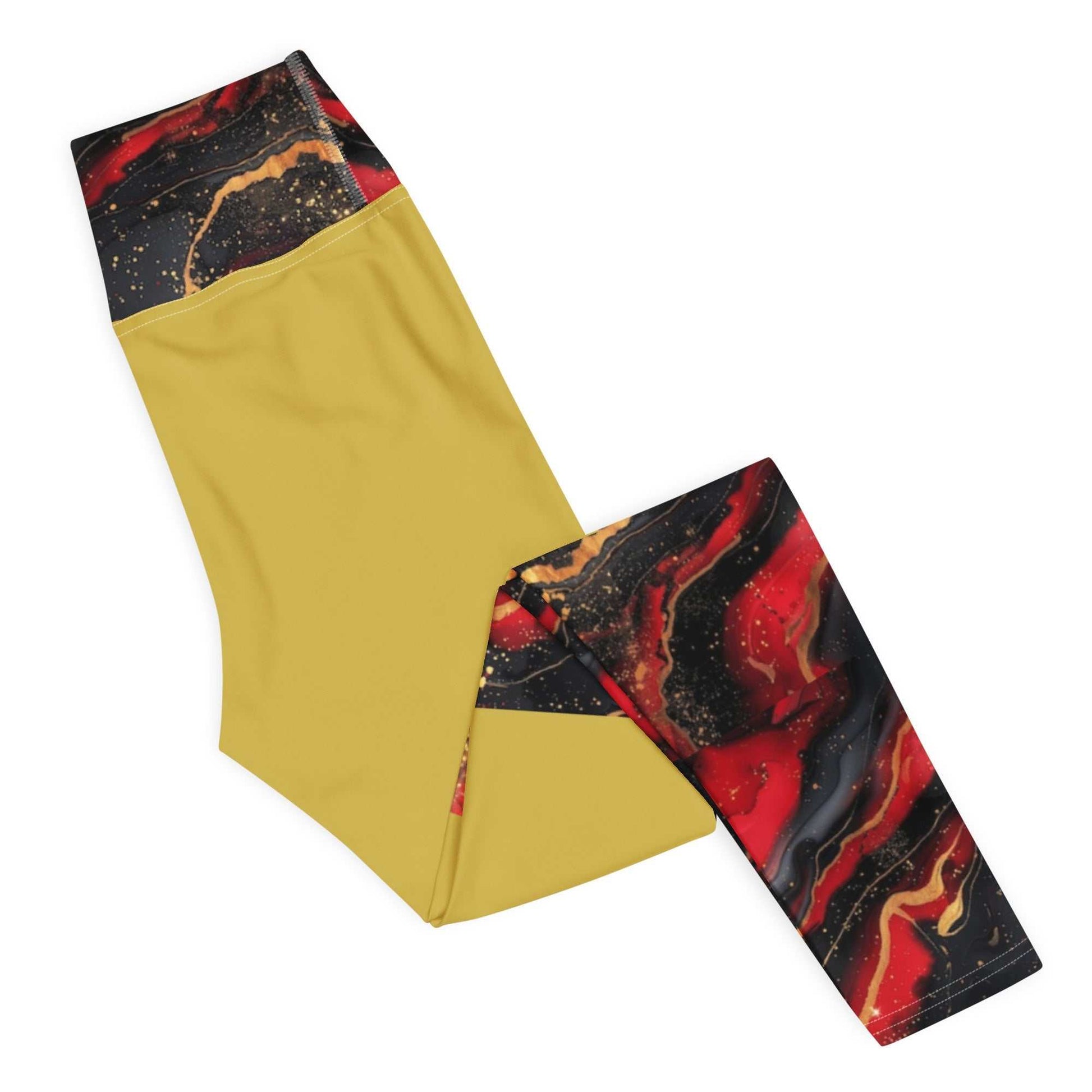 SoOptimisticAura Yoga Leggings with soft stretchy fabric, yellow body and red-black marbled waistband, ideal for comfortable yoga sessions