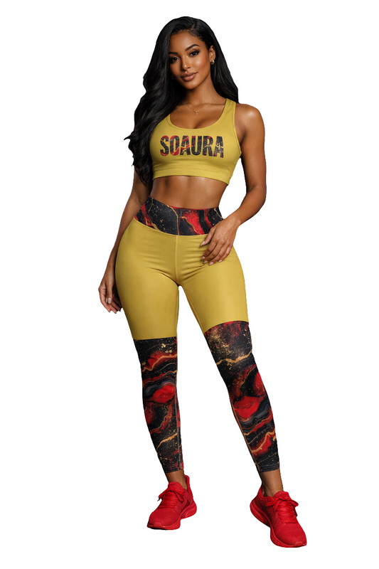 Woman wearing SoOptimisticAura Yoga Leggings in black with raised waistband and four-way stretch fabric