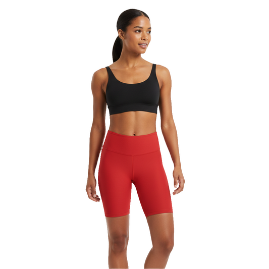 High-waisted SoOptimistic Biker Shorts in Harley Davidson Red with sculpting fit and hidden back pocket