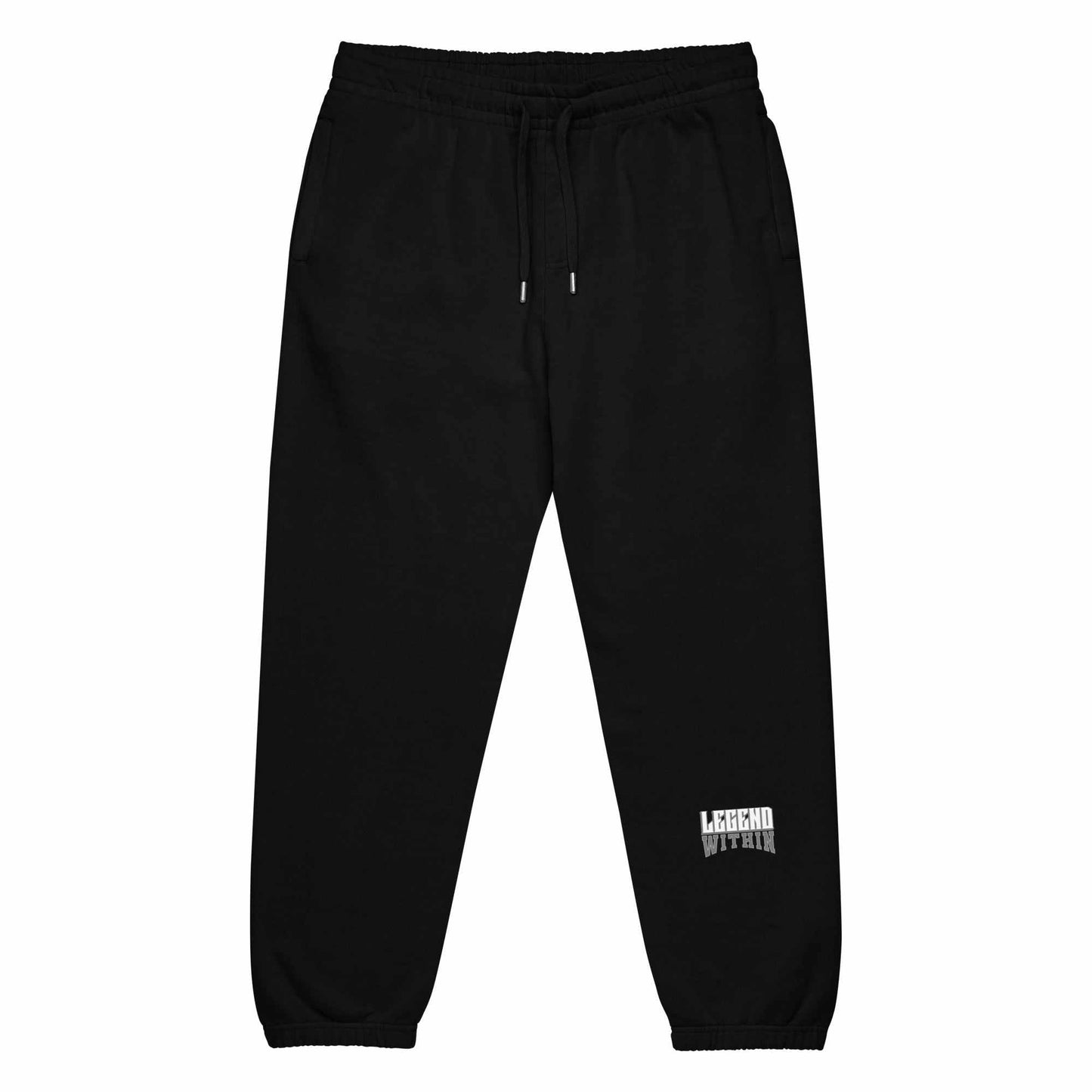 LegendWithin Urban sweatpants in black heavyweight fleece with relaxed fit, elastic waistband, cuffs, and zipped side pockets.